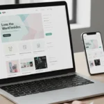 Diseño web WordPress profesional con interfaz minimalista en laptop y móvil