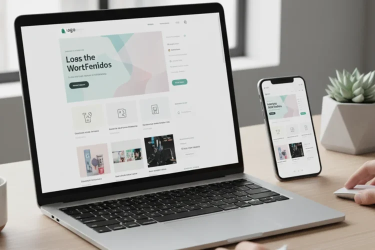 Diseño web WordPress profesional con interfaz minimalista en laptop y móvil