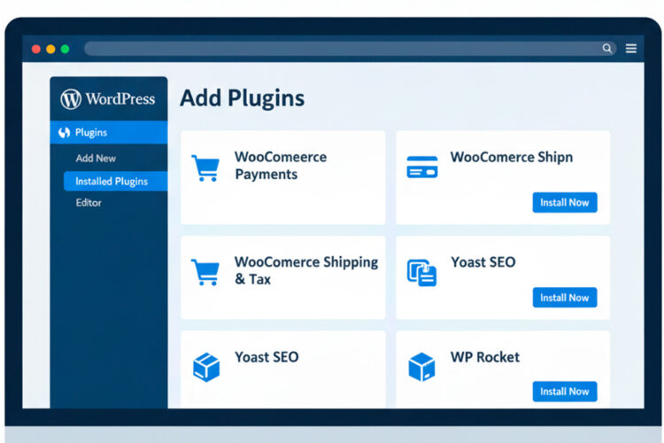 Interfaz de administración de WooCommerce mostrando instalación de plugins