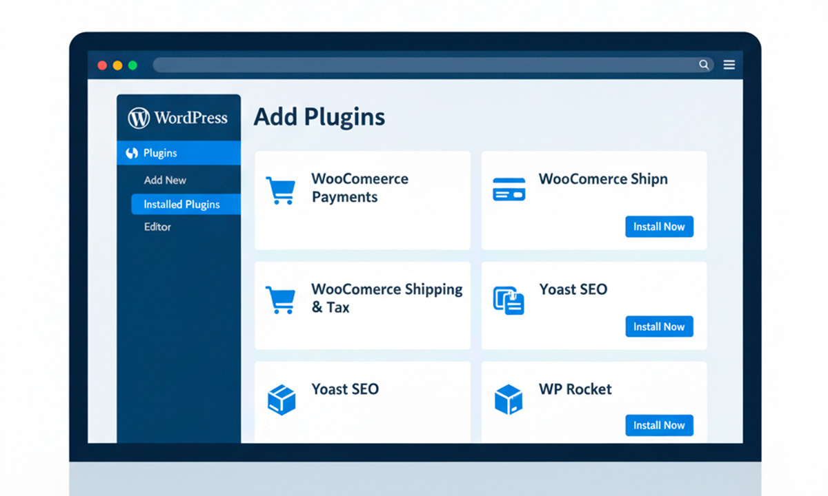 Interfaz de administración de WooCommerce mostrando instalación de plugins