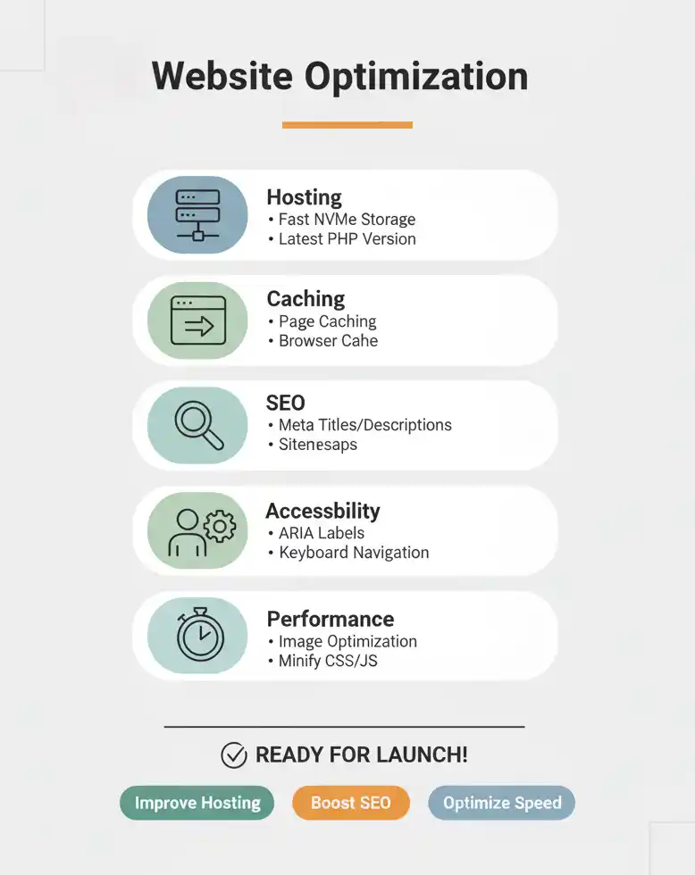 Optimización de sitio web: hosting, caché, SEO, accesibilidad y rendimiento