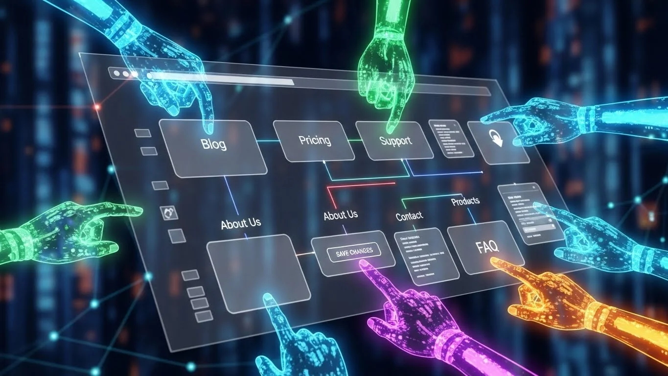 Personas moviendo tarjetas etiquetadas (Card Sorting) en una mesa digital para definir categorías.