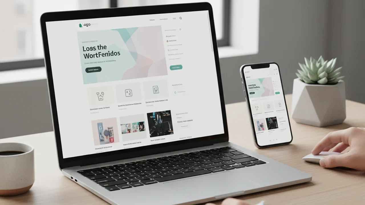 Diseño web WordPress profesional con interfaz minimalista en laptop y móvil
