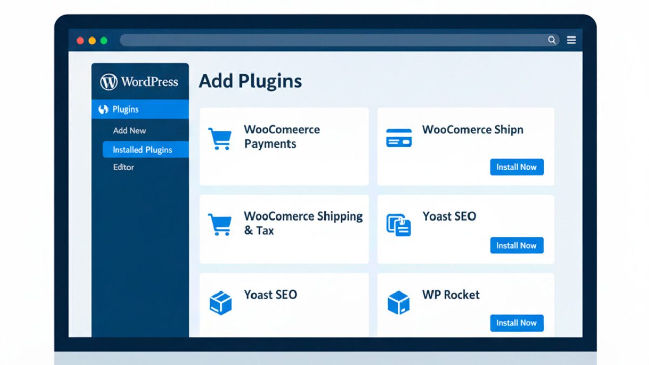 Interfaz de administración de WooCommerce mostrando instalación de plugins