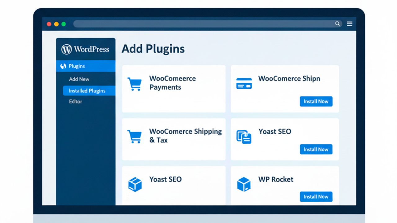 Interfaz de administración de WooCommerce mostrando instalación de plugins